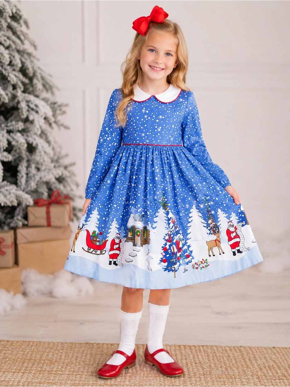 Eleanor Rose Girls Christmas Santa Sleigh Holiday Dress Blue Long Sleeve